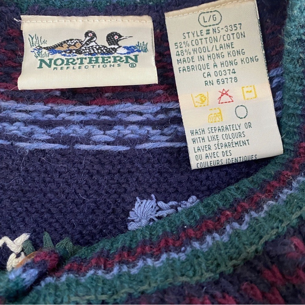 VINTAGE 1990s NORTHERN REFLECTIONS Navy Wool Blend Floral Embroidered Cardigan L - Picture 3 of 7